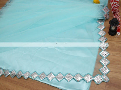 Sky blue mono net paper mirror work saree