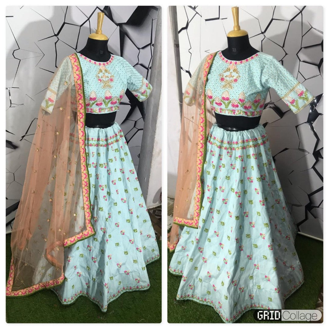sky blue mulberry silk embroidered wedding lehenga