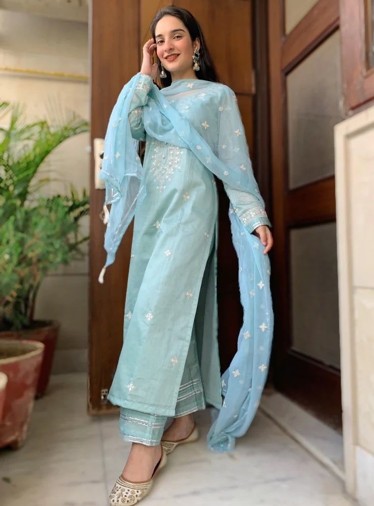 Sky blue muslin cotton embroidry work pant salwar suit