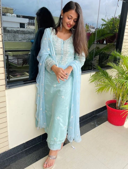 Sky blue muslin cotton embroidry work pant salwar suit