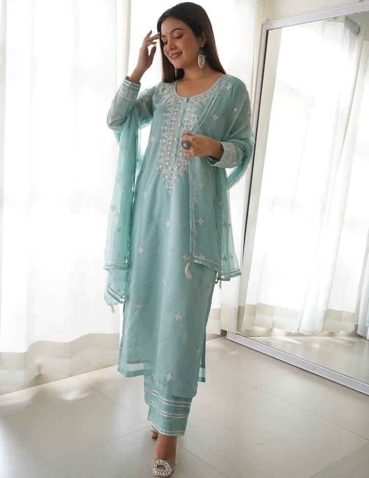 Sky blue muslin cotton embroidry work pant salwar suit