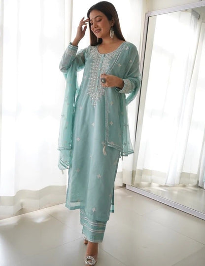 Sky blue muslin cotton embroidry work pant salwar suit