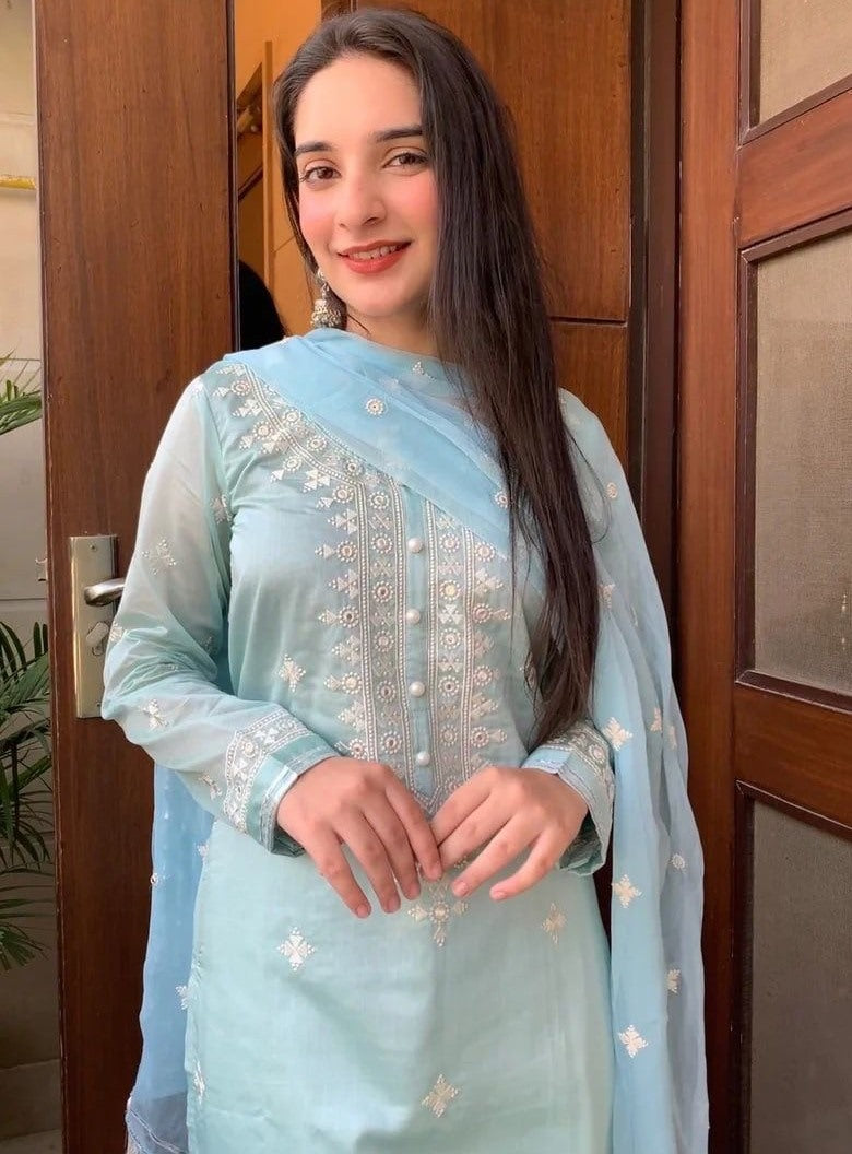 Sky blue muslin cotton embroidry work pant salwar suit