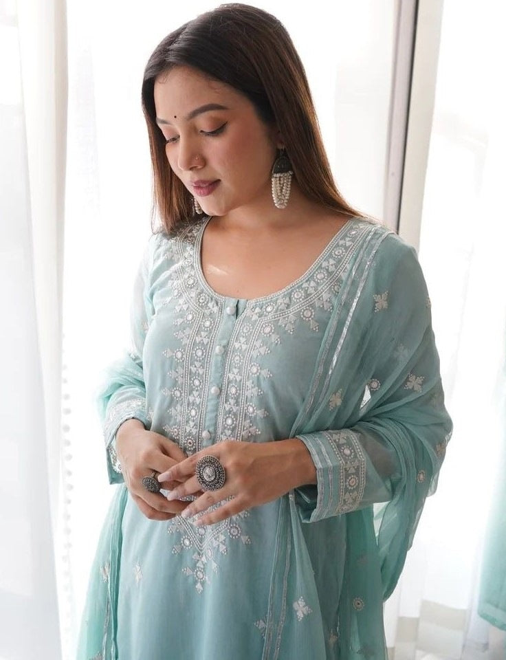 Sky blue muslin cotton embroidry work pant salwar suit