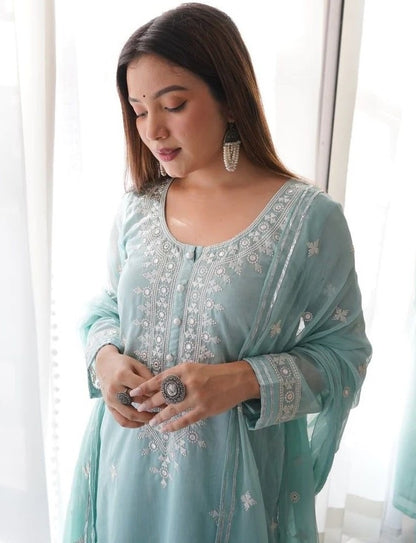 Sky blue muslin cotton embroidry work pant salwar suit