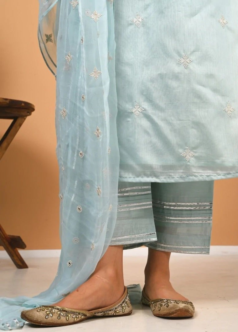 Sky blue muslin cotton embroidry work pant salwar suit