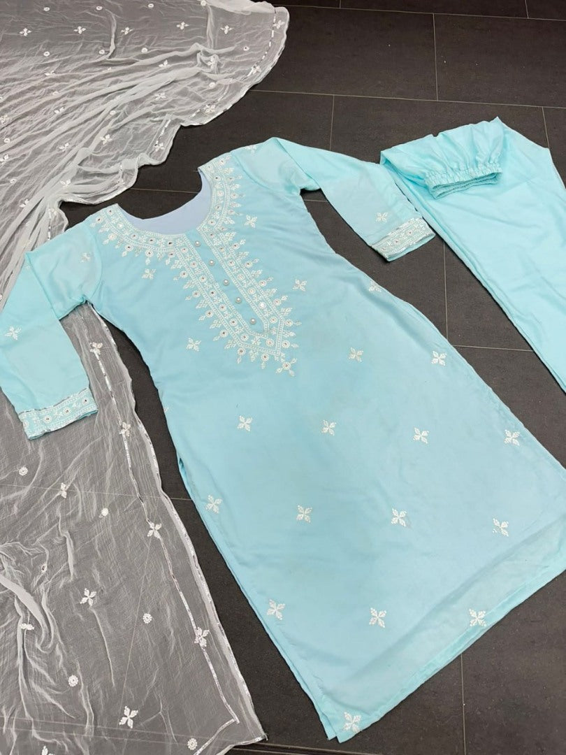Sky blue muslin cotton embroidry work pant salwar suit