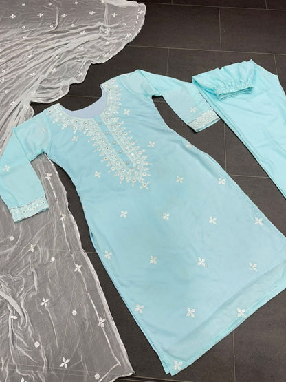 Sky blue muslin cotton embroidry work pant salwar suit