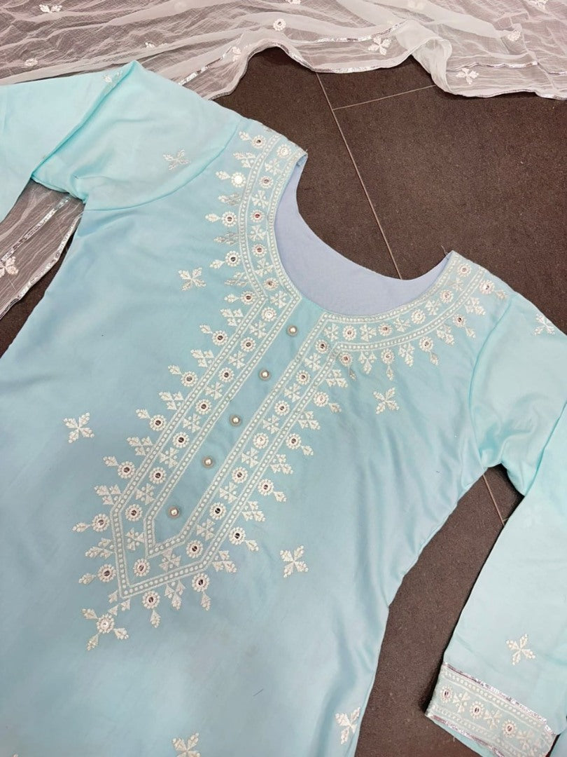 Sky blue muslin cotton embroidry work pant salwar suit