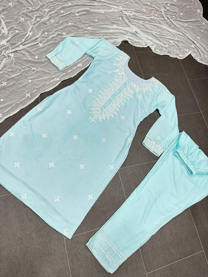 Sky blue muslin cotton embroidry work pant salwar suit