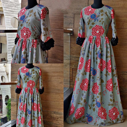 Sky blue muslin silk floral printed long kurti