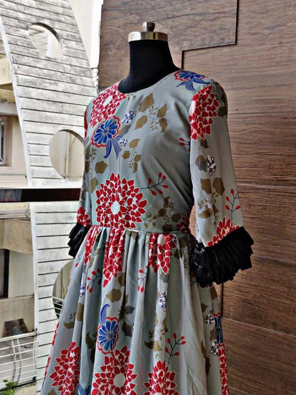 Sky blue muslin silk floral printed long kurti