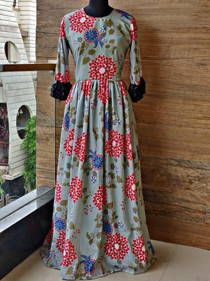 Sky blue muslin silk floral printed long kurti