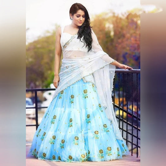 sky blue net beautiful embroidered ceremonial lehenga choli