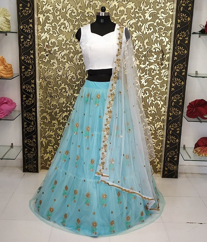 sky blue net beautiful embroidered ceremonial lehenga choli