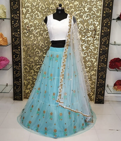 sky blue net beautiful embroidered ceremonial lehenga choli