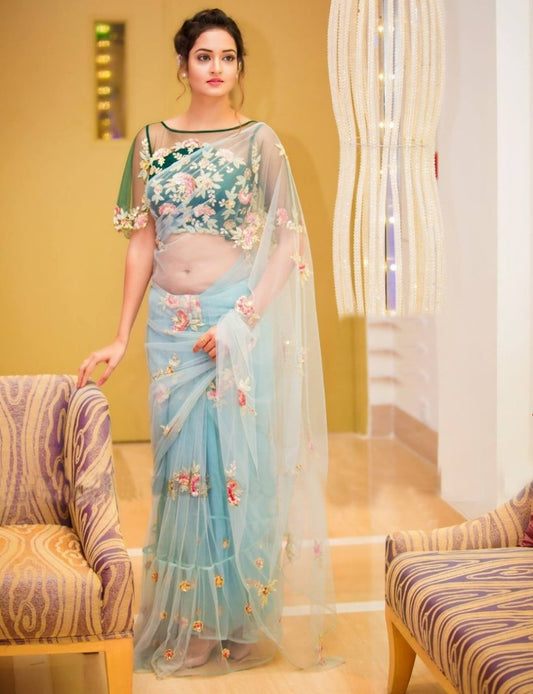 sky blue net designer saree with embroidered blouse