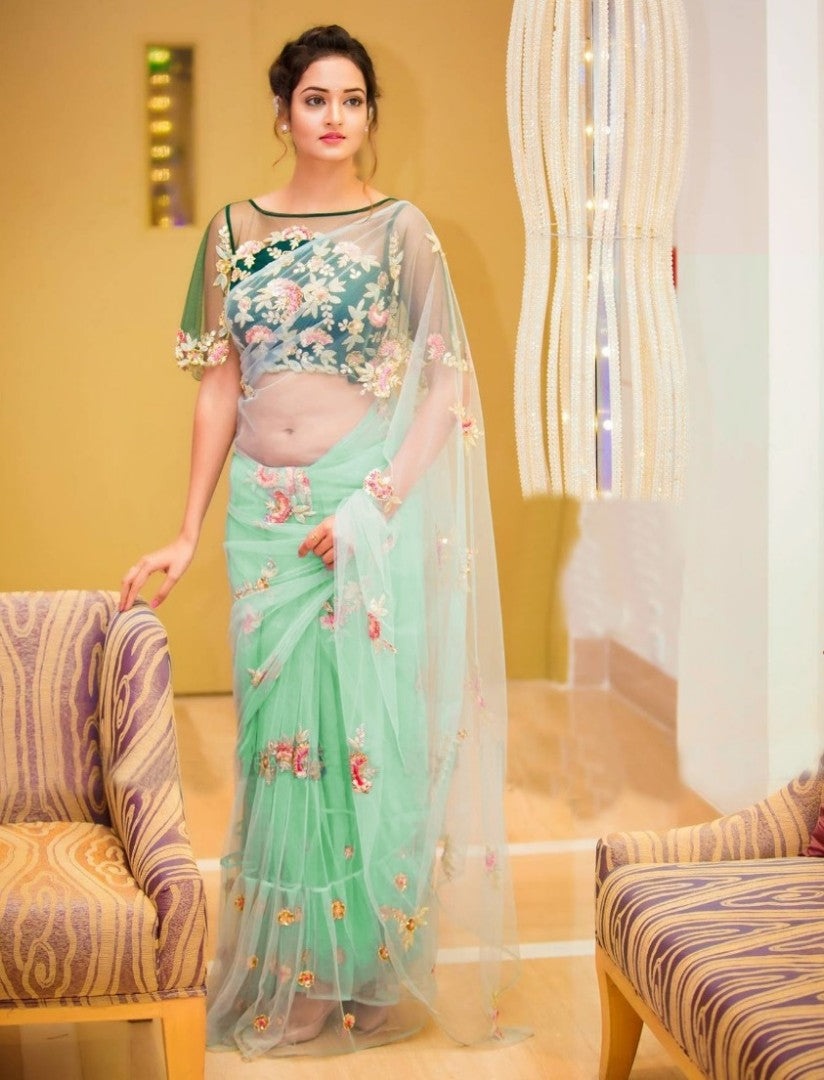 sky blue net designer saree with embroidered blouse