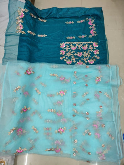 sky blue net designer saree with embroidered blouse