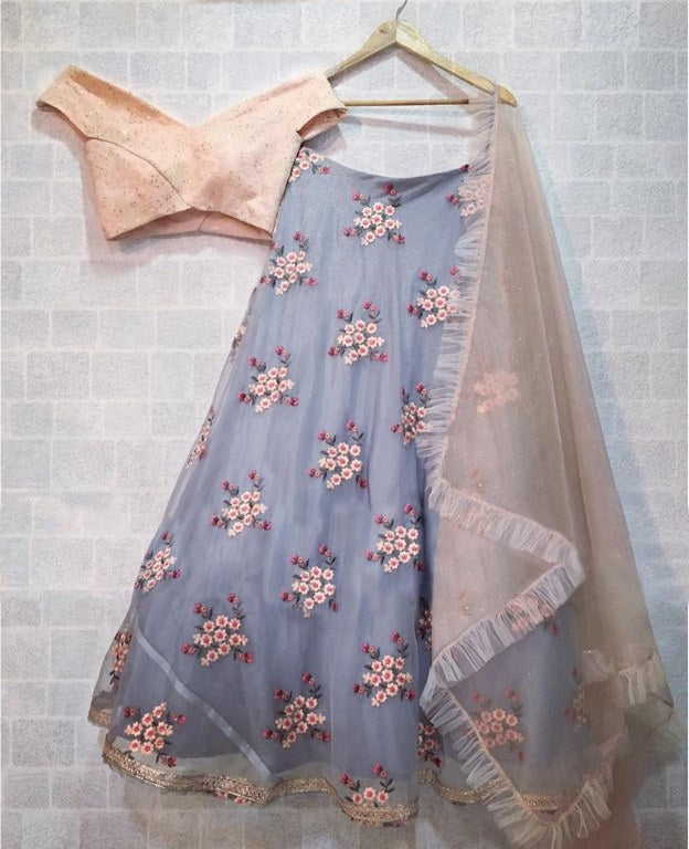 sky blue net embroidered ceremonial lehenga