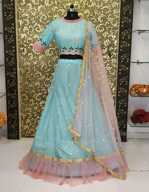 Sky blue net embroidered wedding lehenga choli
