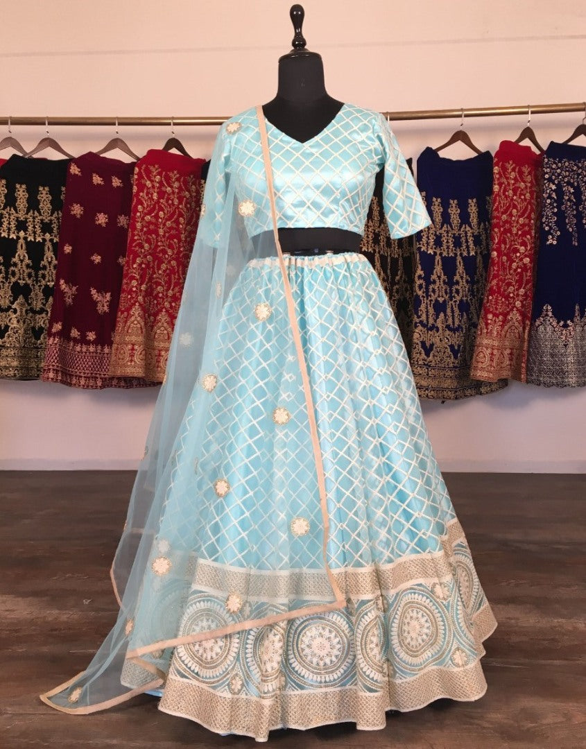 Sky blue net heavy lucknowi work wedding lehenga choli