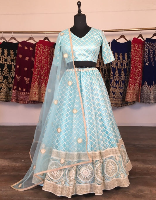 Sky blue net heavy lucknowi work wedding lehenga choli
