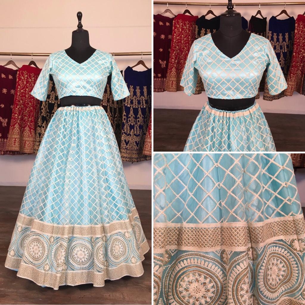 Sky blue net heavy lucknowi work wedding lehenga choli