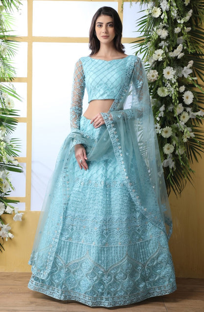 Sky blue net heavy thread embroidered wedding lehenga choli