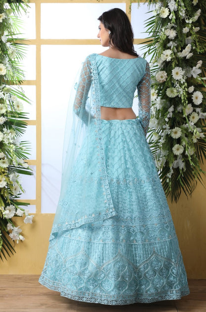 Sky blue net heavy thread embroidered wedding lehenga choli