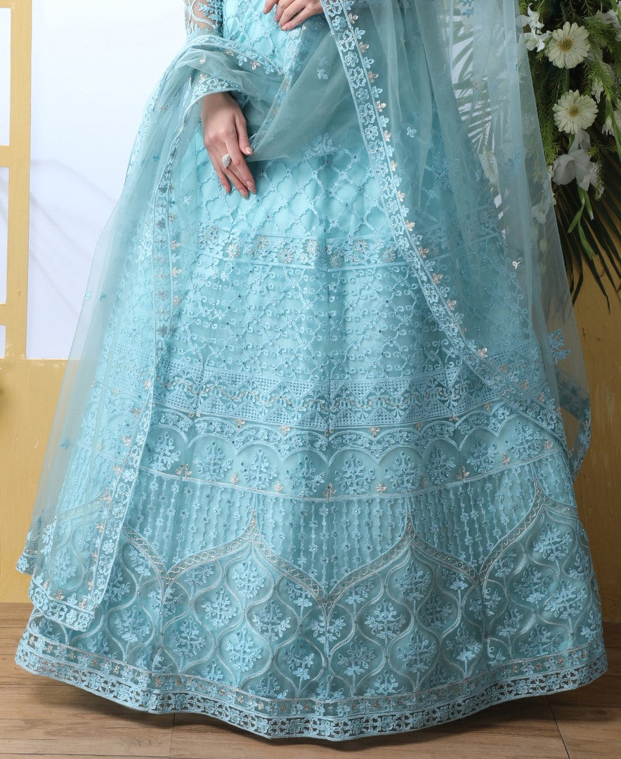 Sky blue net heavy thread embroidered wedding lehenga choli
