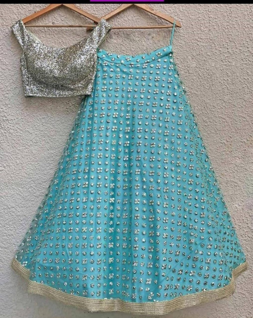 Sky blue net sequence and pearl work wedding lehenga choli