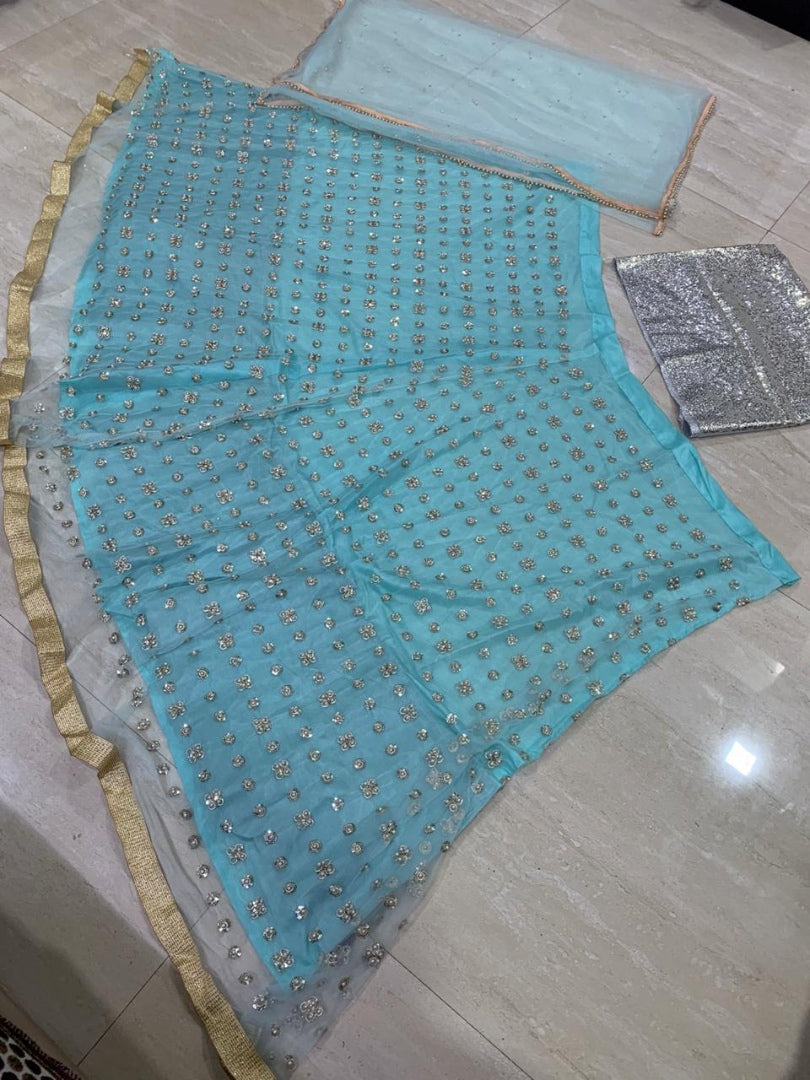 Sky blue net sequence and pearl work wedding lehenga choli