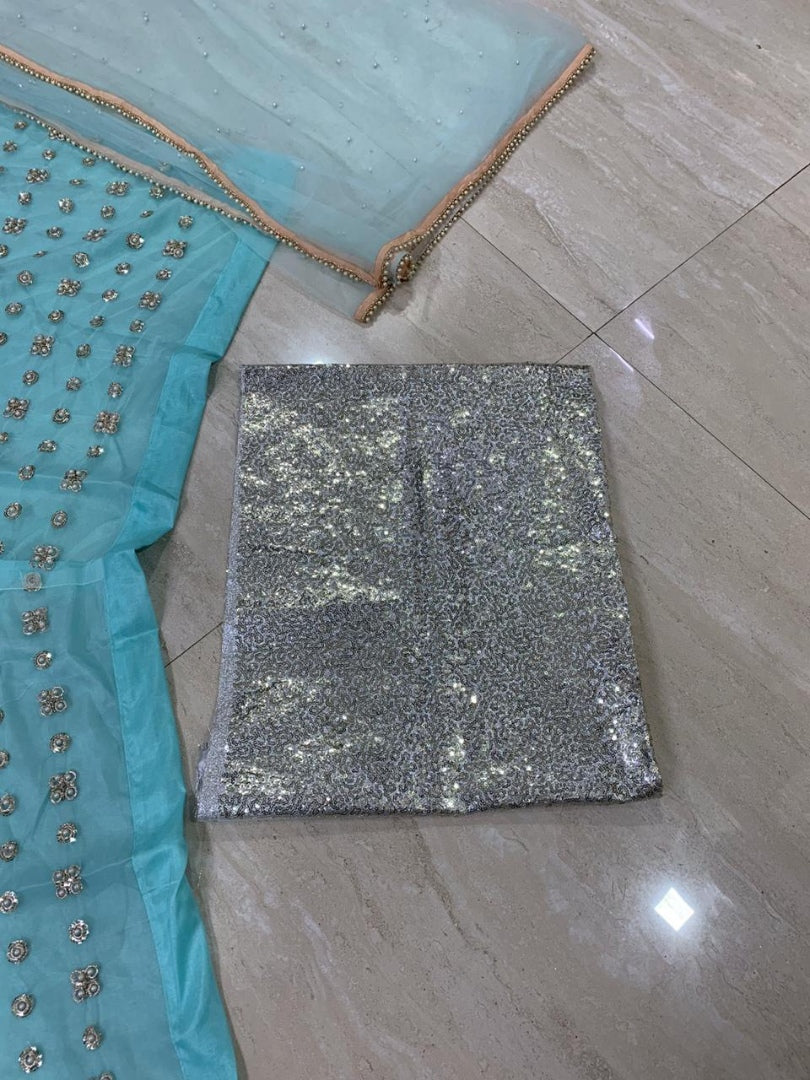 Sky blue net sequence and pearl work wedding lehenga choli