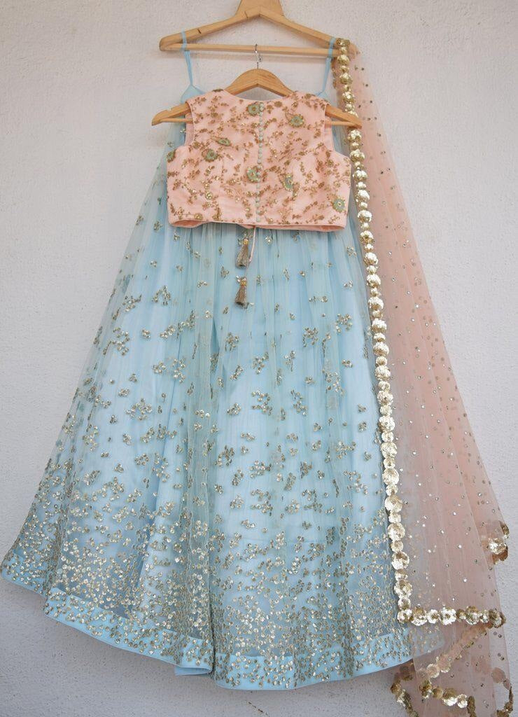 Sky blue net sequence worked lehenga choli