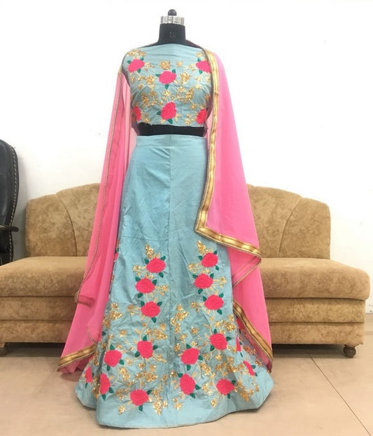 Sky blue noora silk flower embroidered wedding lehenga