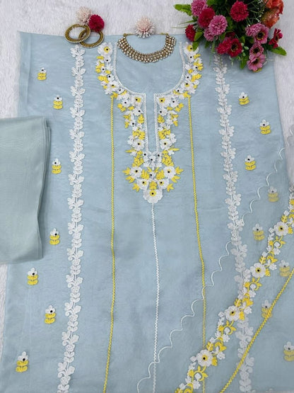 Sky blue organza chain stitch work pant suit