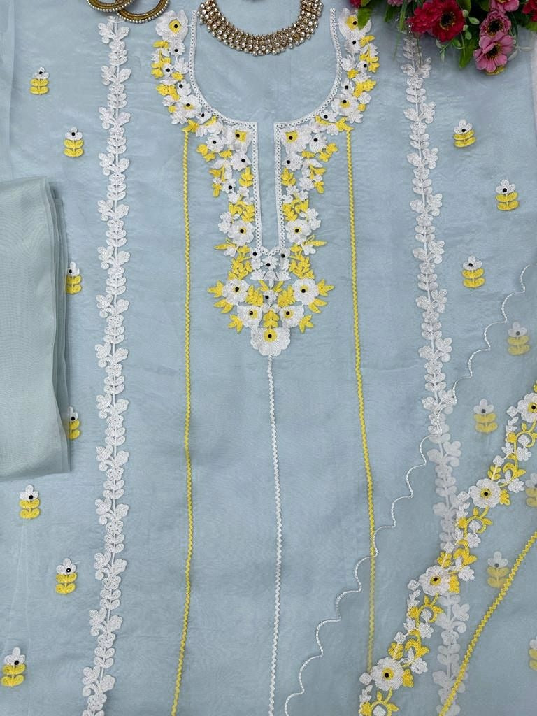 Sky blue organza chain stitch work pant suit