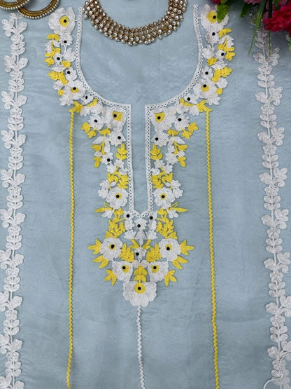 Sky blue organza chain stitch work pant suit