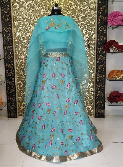 Sky blue organza embroidered partywear indowestern lehenga