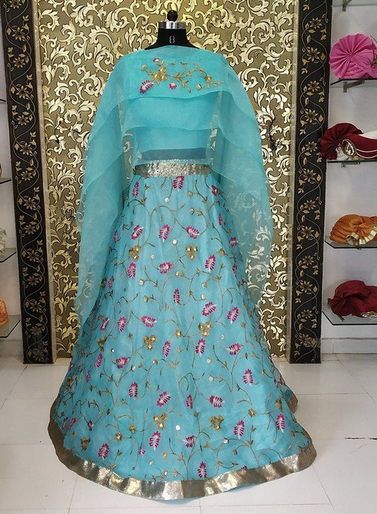 Sky blue organza embroidered partywear indowestern lehenga