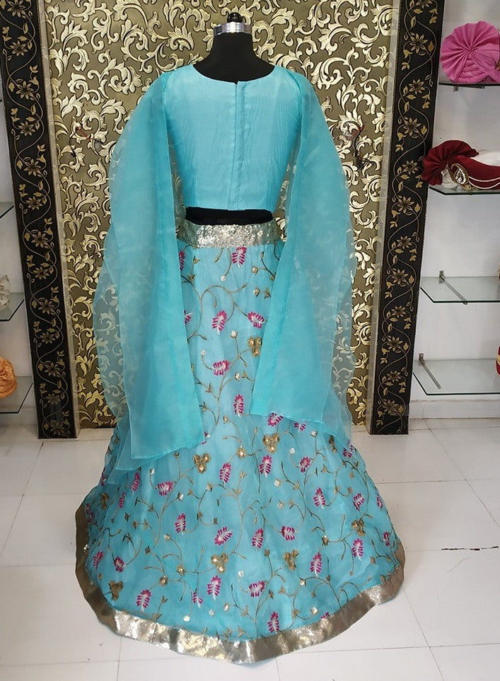 Sky blue organza embroidered partywear indowestern lehenga