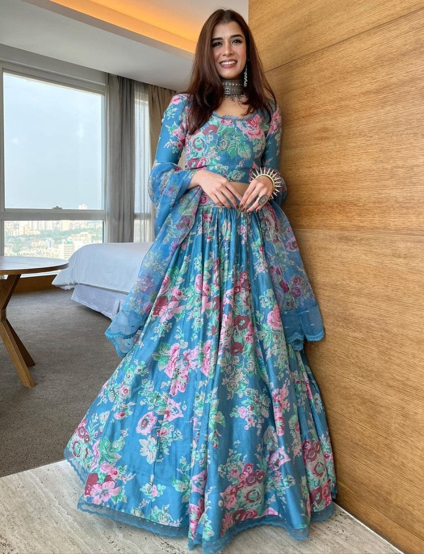 Sky blue organza floral printed lehenga choli