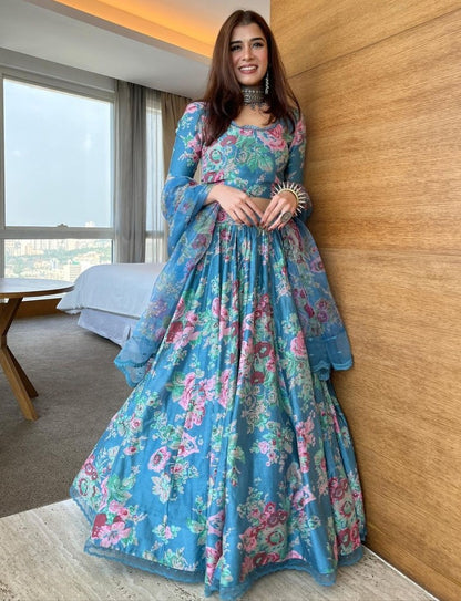 Sky blue organza floral printed lehenga choli