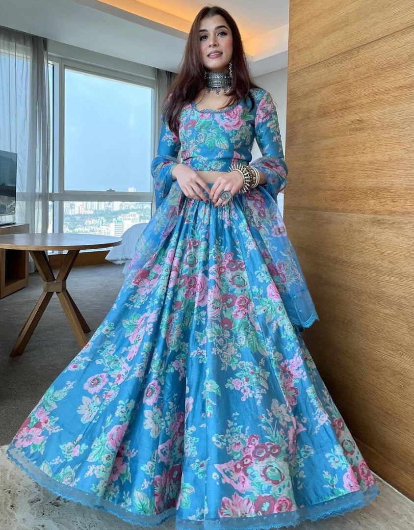 Sky blue organza floral printed lehenga choli