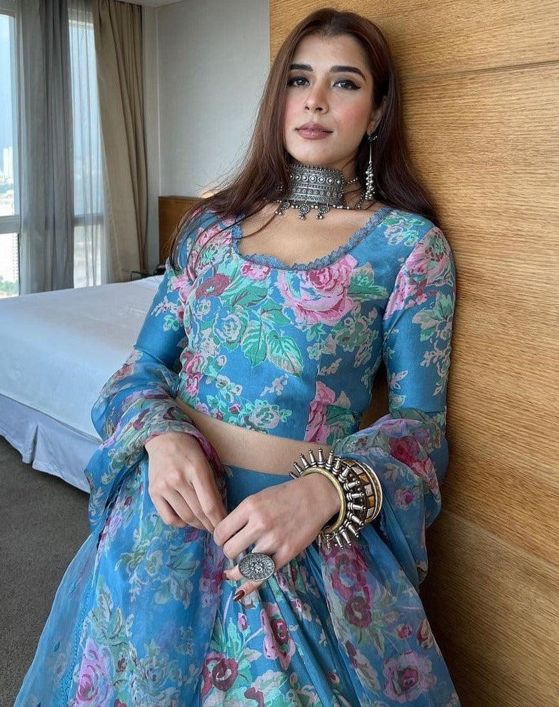 Sky blue organza floral printed lehenga choli