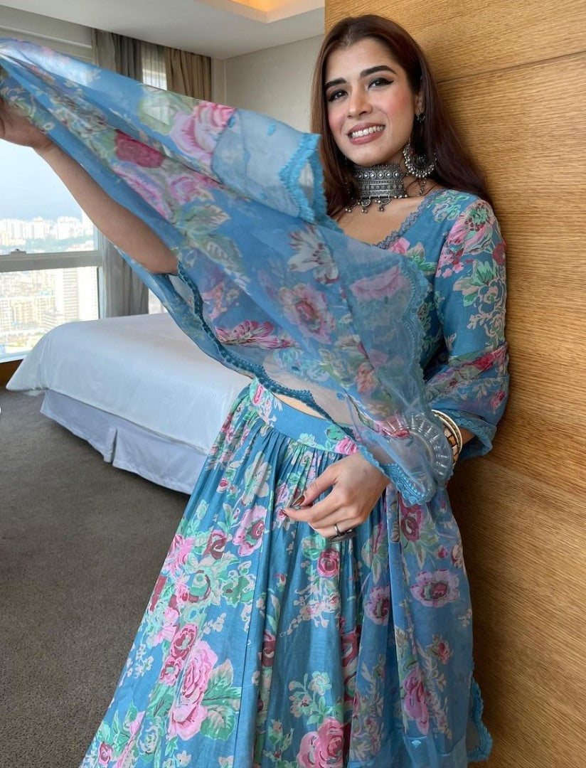Sky blue organza floral printed lehenga choli