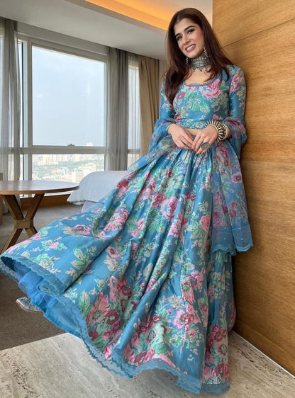 Sky blue organza floral printed lehenga choli