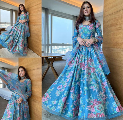 Sky blue organza floral printed lehenga choli