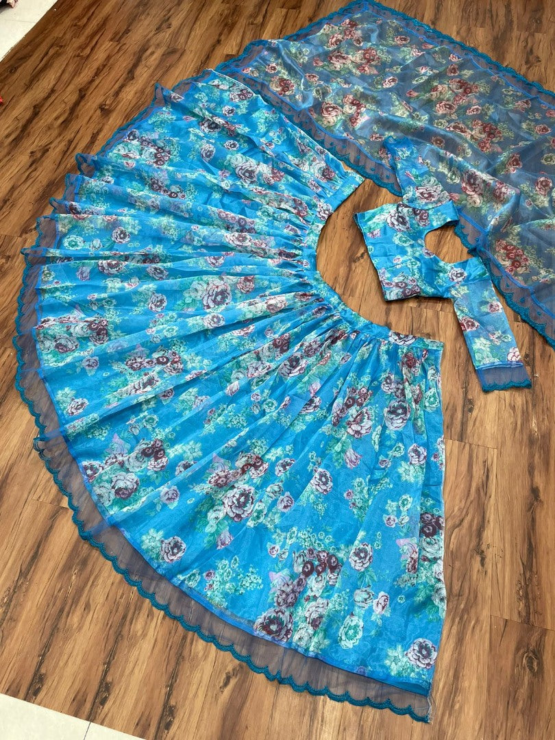 Sky blue organza floral printed lehenga choli